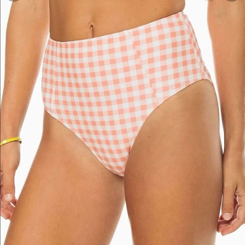 Southern Tide Womens Gingham Hi Rise Bikini Bottom size Small in Citrus Punch